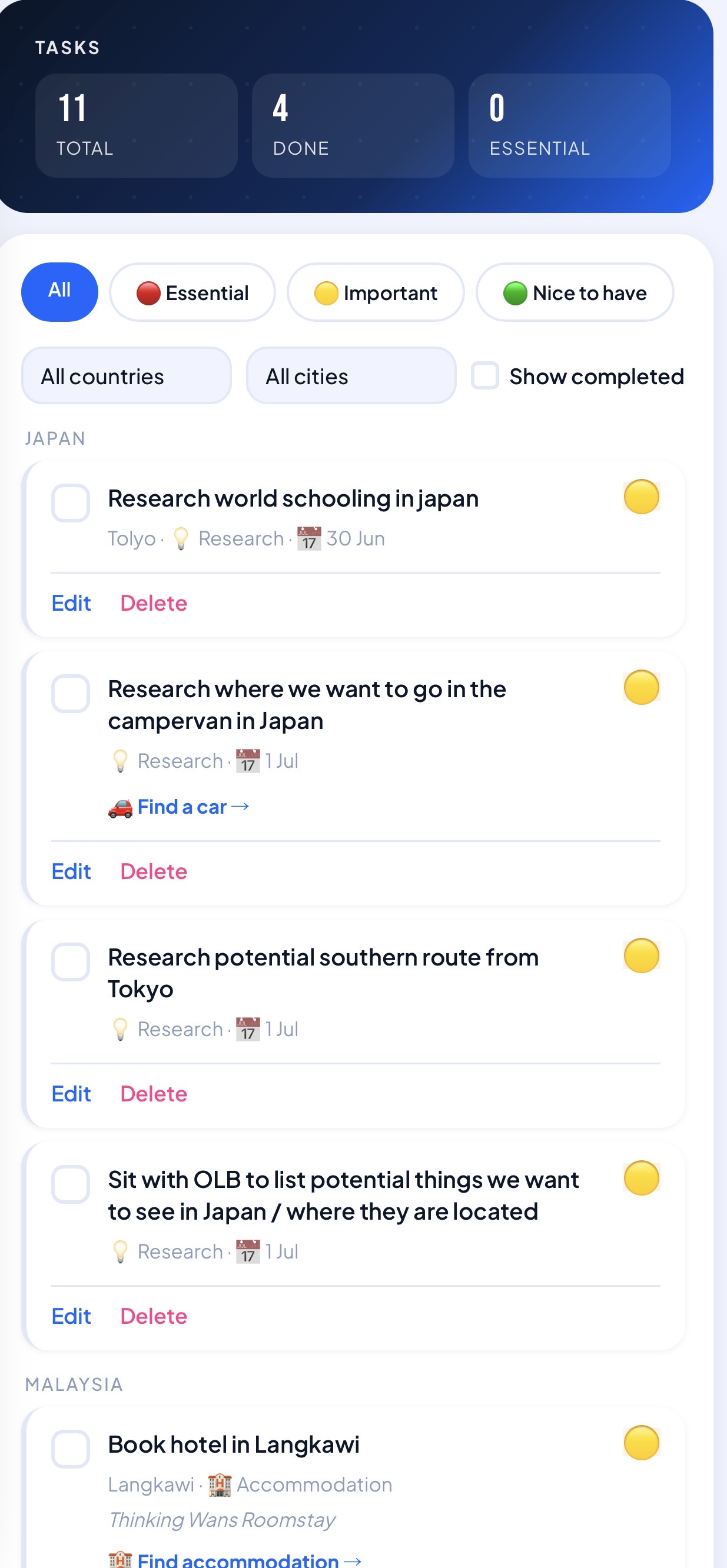 WayStaq travel tasks view planning trips across Japan and Malaysia