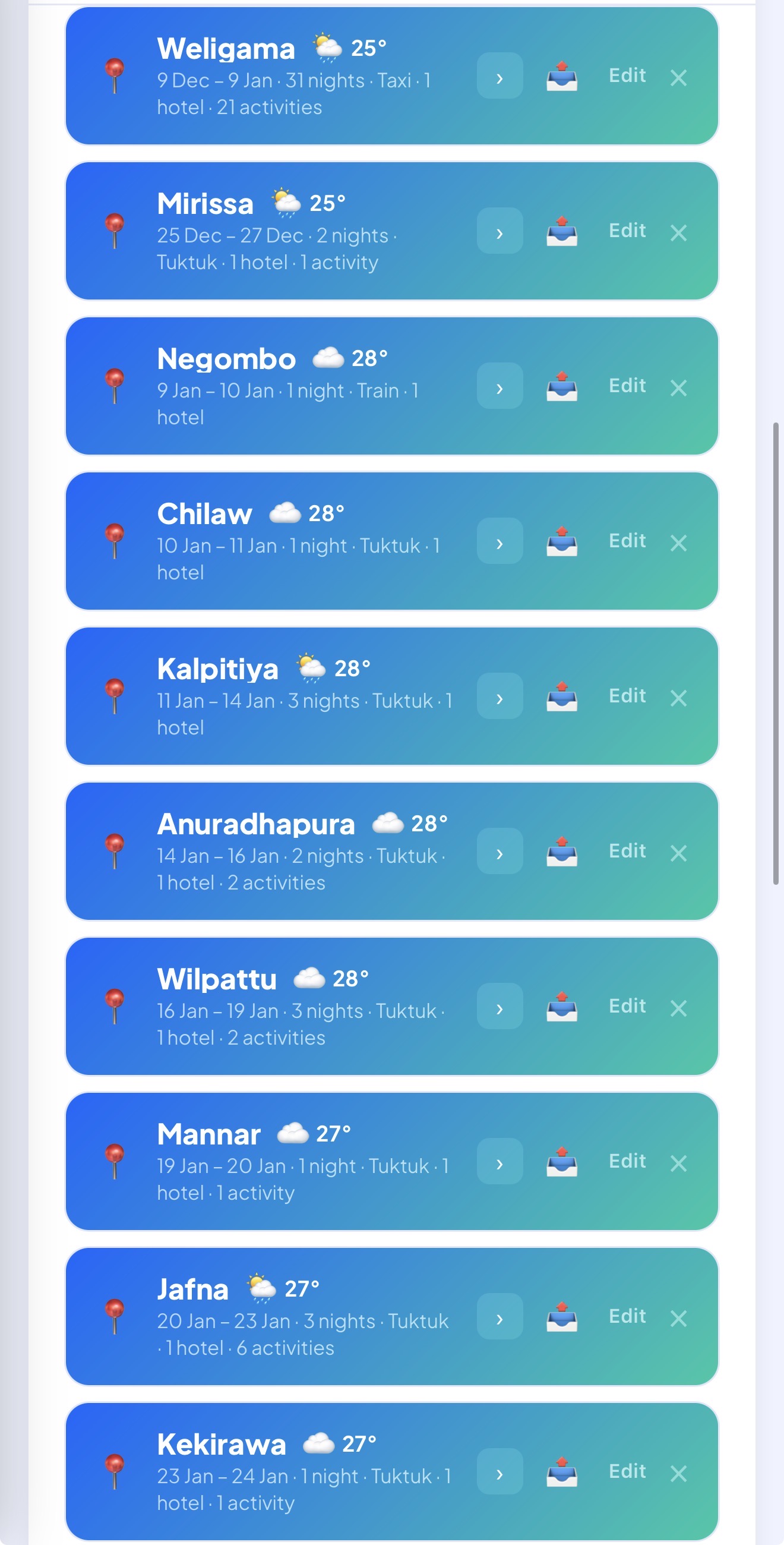 WayStaq trip planner showing a multi-city Sri Lanka itinerary with stops and dates