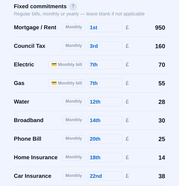 WayStaq Home mode bills list with monthly and yearly commitments